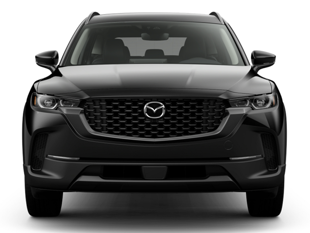 The front of a black Mazda CX-50 in a white background